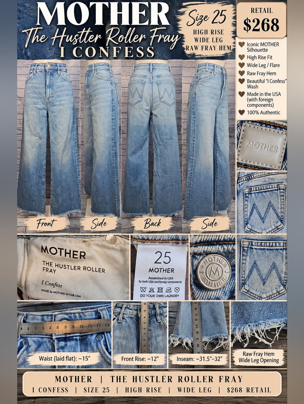 MOTHER Hustler Roller Fray High Rise Wide Leg Jeans 25 I Confess